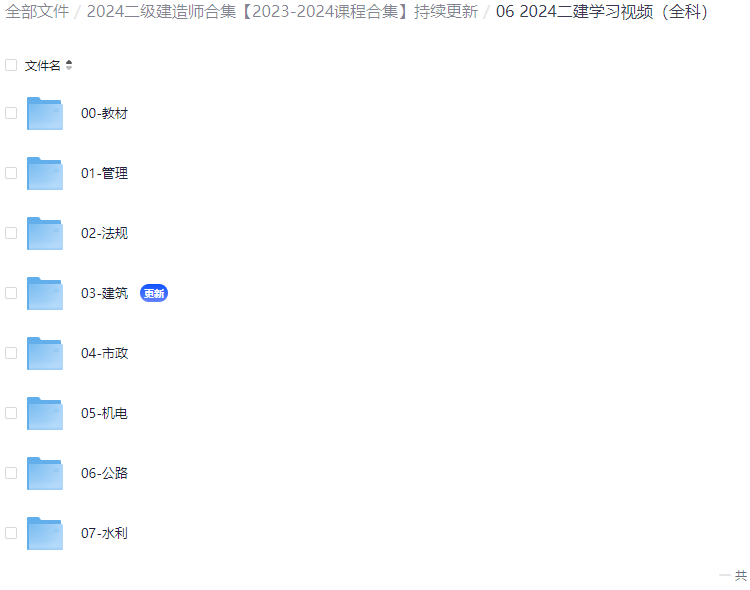 「2024二建学习视频（全科）」00-教材 01-管理 02-法规 03-建筑 04-市政 05-机电 06-公路 07-水利